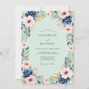 Minz-Indigo-Blütenhochzeit Einladung