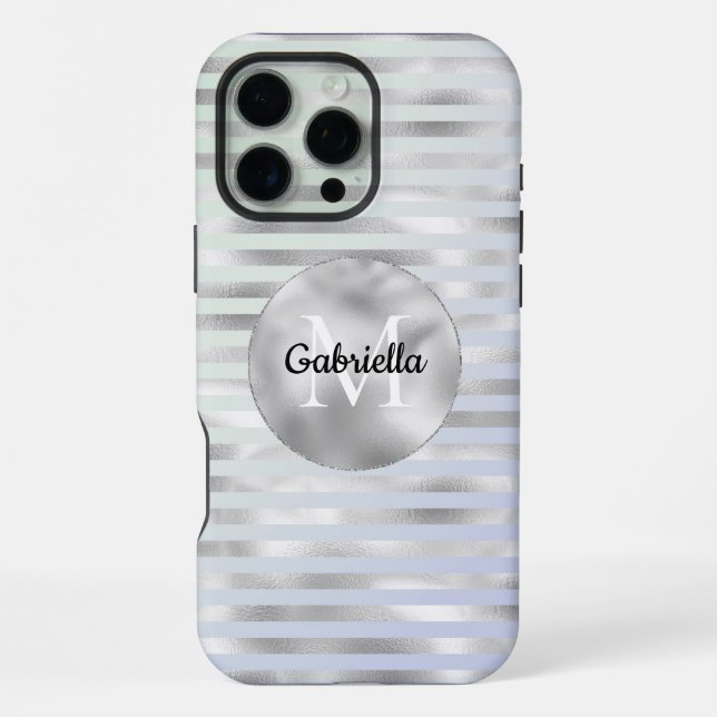Minz-Lavendel-Silberstreifen-Monogramm iPhone Hülle (Rückseite)