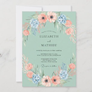 Minz-Pfirsichblüten-Girlande-Hochzeit Einladung