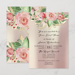 Minz-Rosa-Champagner-Gold-Blumen-Watercolor-Perle Einladung