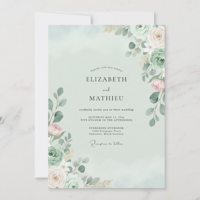 Minz-Rosa-Eukalyptus-Hochzeit Einladung (Vorderseite)