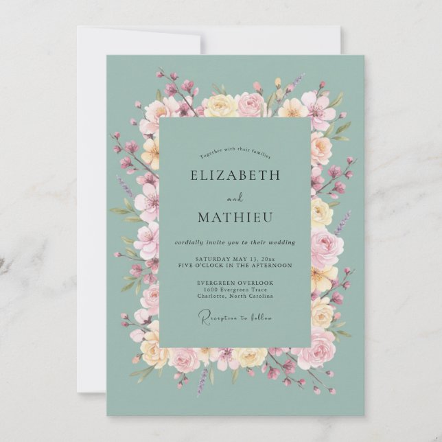 Minz-Rosé-Blumenbogen-Hochzeit Einladung (Vorderseite)