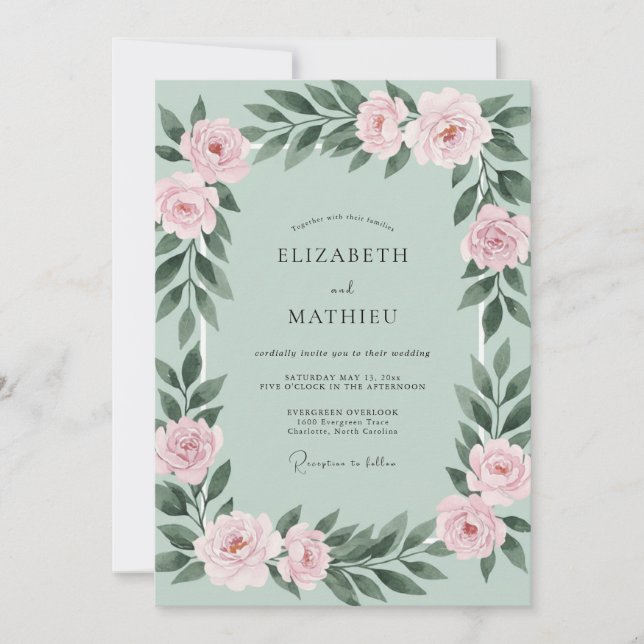 Minz-Rosé-Hochzeit Einladung (Vorderseite)