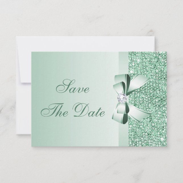 Minz-Sequins, Schleife & Diamant Save-the-Date-Hoc Save The Date (Vorderseite)