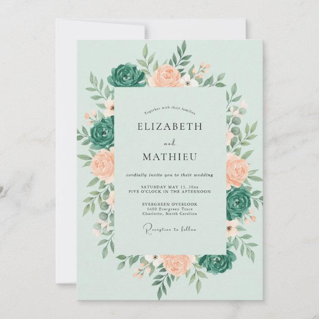 Minz-Teal-Botanische Romantische Hochzeit Einladung (Vorderseite)