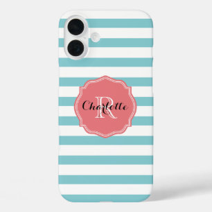 Minz Türkis Streifen Monogramm iPhone 16 Plus Hülle