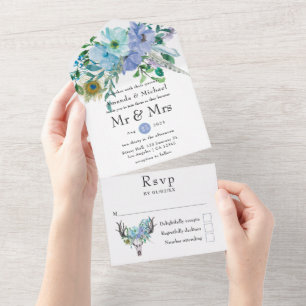Minz- und Blaue Boho-Floralhochzeit All In One Einladung