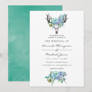 Minz- und Blaue Wasserfarbe Boho Florale Hochzeit Einladung