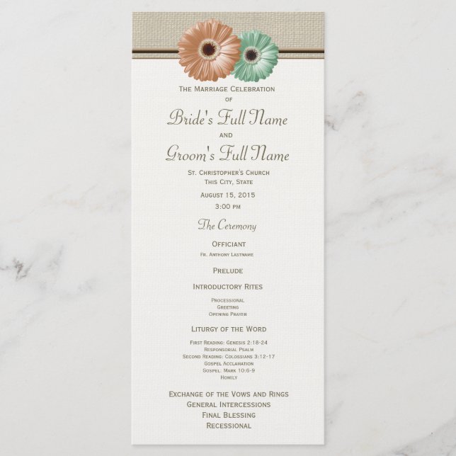 Minz- und Pfirsich-Gerbera-Daisy-Hochzeitsprogramm Programm (Vorderseite)