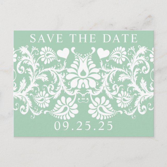 Minz Unikat Damast Save the Date Ankündigungspostkarte (Vorderseite)