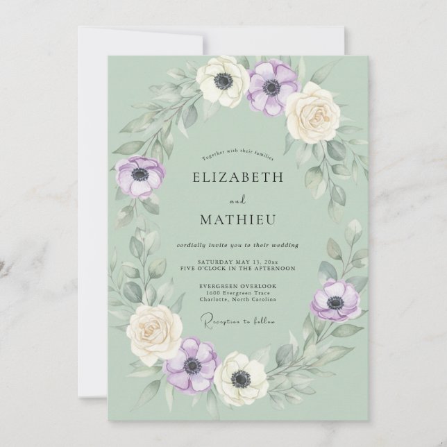 Minz-Veilchen-Anemonen-Hochzeit Einladung (Vorderseite)