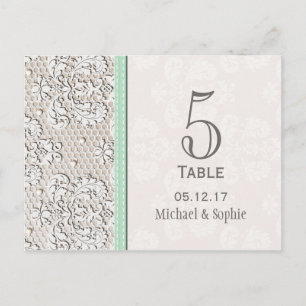 Minz-vintage-spitzen-hochzeit-tisch-nummer-karte Postkarte