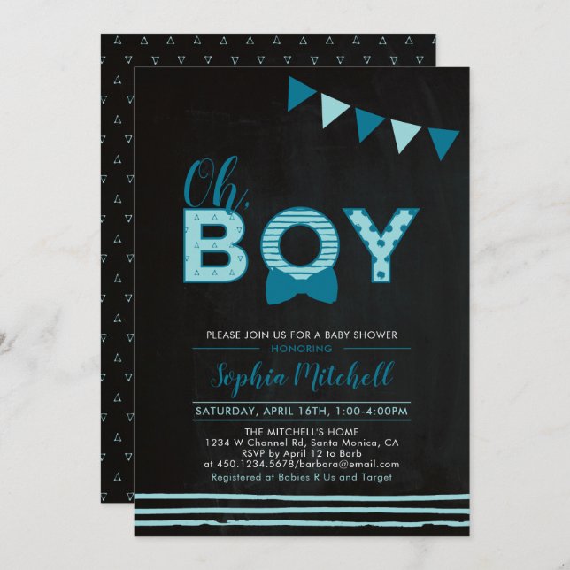 Minzblau und Marine | Tafel "Oh Boy" Babydusche Einladung (Vorne/Hinten)