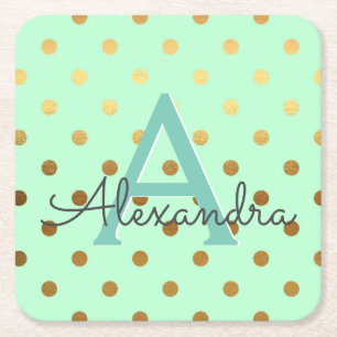 Minze and Gold Foil Polka Dots Monogram Birthday Rechteckiger Pappuntersetzer