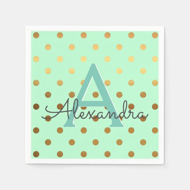 Minze and Gold Foil Polka Dots Monogram Birthday Serviette (Vorderseite)