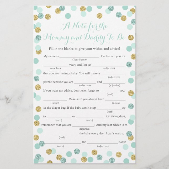 Minze and Gold Glitzer Baby Shower Addon Game Card (Vorderseite)