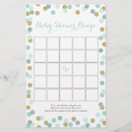 Minze and Gold Glitzer Baby Shower Bingo Game Flyer