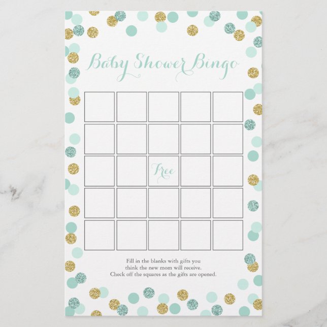 Minze and Gold Glitzer Baby Shower Bingo Game Flyer (Vorne)