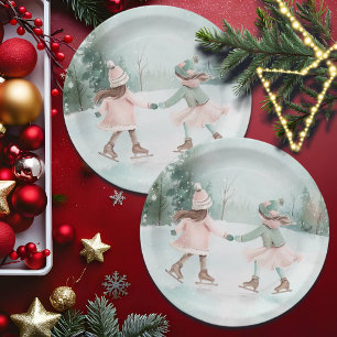 Minze and Pink Girls Skaten - Winterlandschaft Pappteller