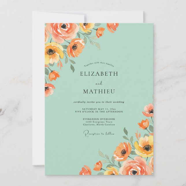 Minze Aprikose Mohn Hochzeit Einladung (Vorderseite)
