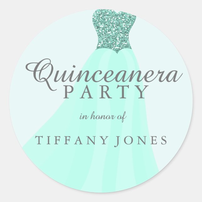 Minze Aquamarin Sparkling Glitzer Gown Quinceanera Runder Aufkleber (Vorderseite)