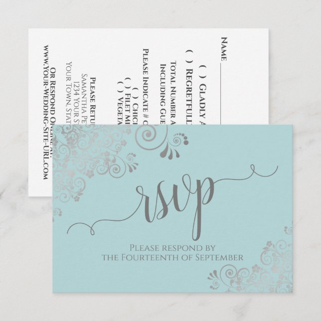 Minze Aquamarine Silberspitze Elegante Kalligraphi RSVP Karte (Vorne/Hinten)