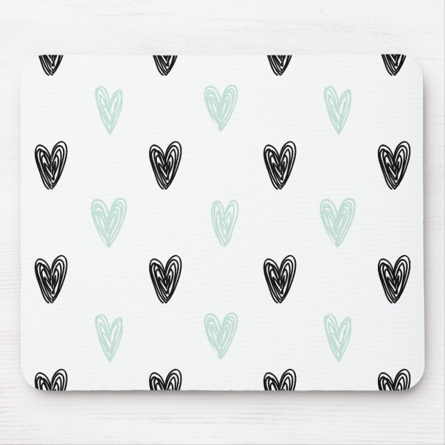 Minze & Black Hearts Doodles Muster Mousepad (Vorne)