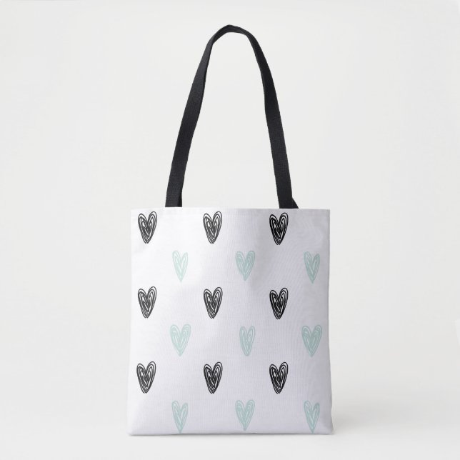 Minze & Black Hearts Doodles Muster Tote Tasche (Vorderseite)
