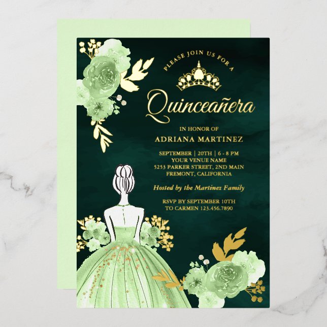 Minze Blumenkleid Emerald Green Quinceanera Gold Folieneinladung (Vorderseite/Rückseite)