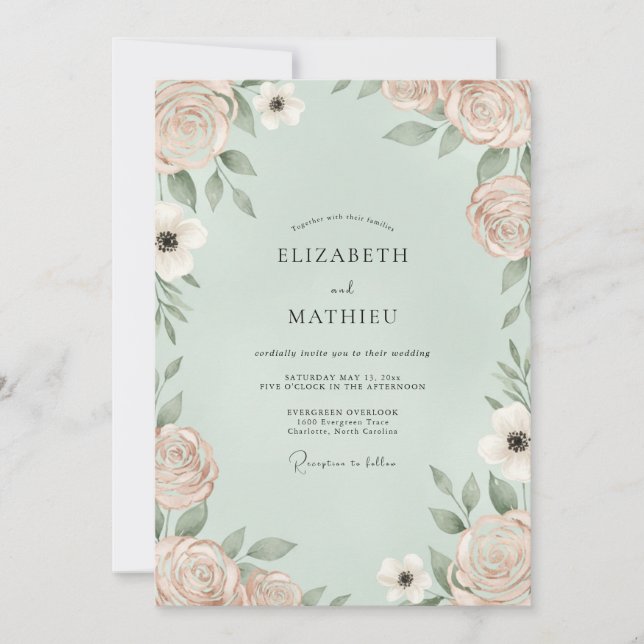 Minze Champagner Anemone Hochzeit Einladung (Vorderseite)