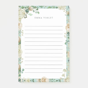 Minze & Creme Vintage Aquarell Blumen Name Post-it Klebezettel