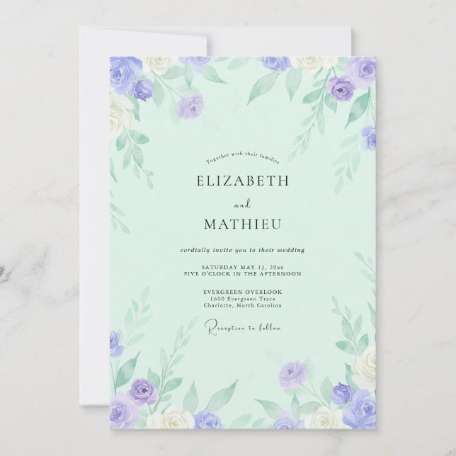 Minze Flieder Rose Hochzeit Einladung (Vorderseite)