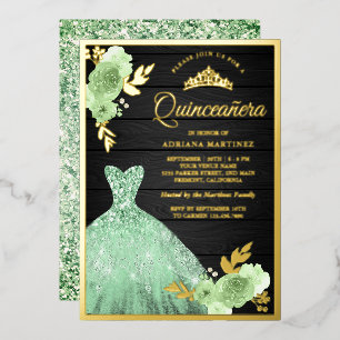 Minze florale Sparkle Dress Wood Quinceanera Gold Folieneinladung