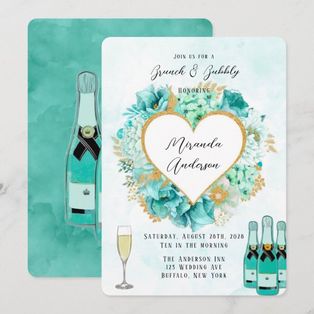 Minze Florals und Gold Foliage Brunch & Bubbly Einladung (Vorne/Hinten)