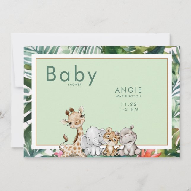 Minze Foliage Jungle Animals Babydusche Einladung (Vorderseite)
