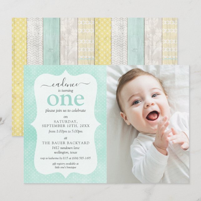 Minze & Gelbe Hütte Rustikales geometrisches Foto  Einladung (Vorne/Hinten)