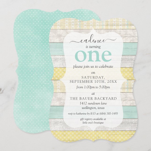 Minze & Gelbe Rustikale Hütte Custom Age Geburtsta Einladung (Vorne/Hinten)