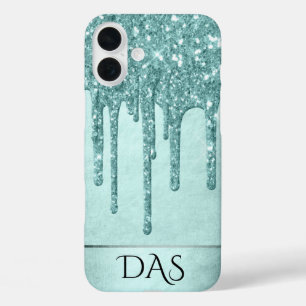 Minze-Glitzer Aqua Aquamarin Melting Monogram iPhone 16 Plus Hülle