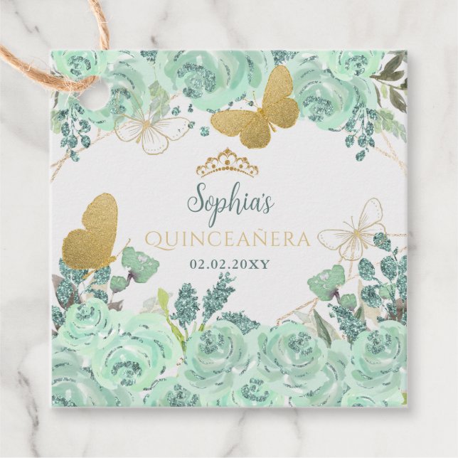 Minze Gold Floral Butterfly Quinceañera Geschenkanhänger (Vorderseite)