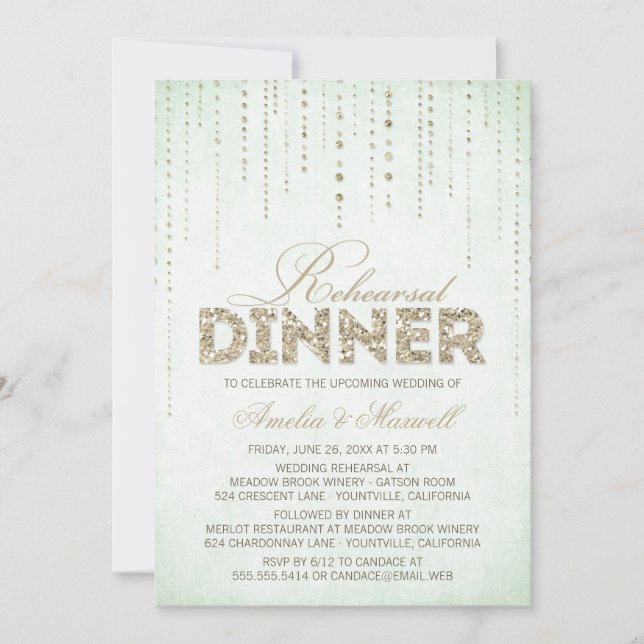 Minze & Gold Glitzer Look Probe Dinner Einladung (Vorderseite)