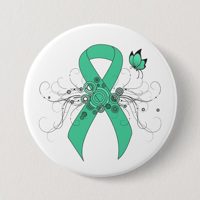 Minze Green Awareness Ribbon mit Schmetterling Button (Vorderseite)