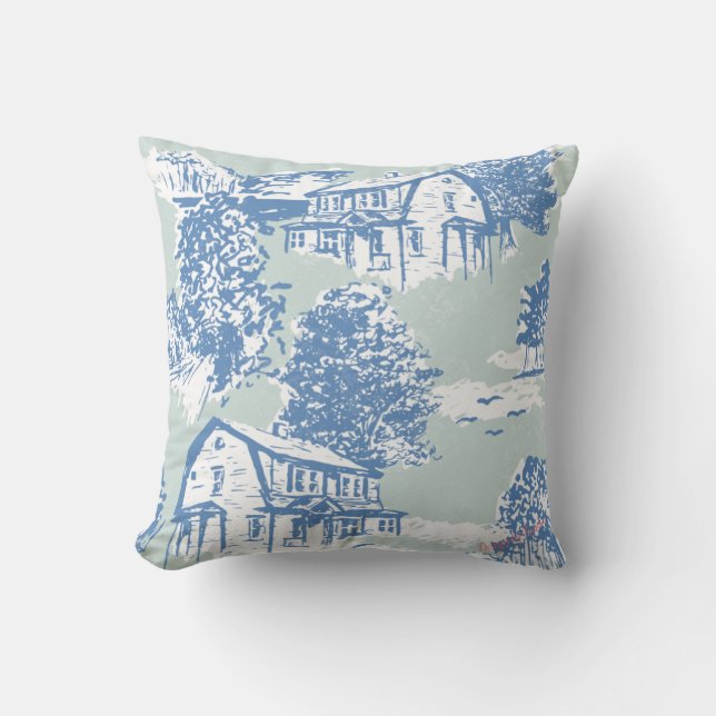 Minze Green & Cornflower Blue Toile Design Kissen (Vorderseite)