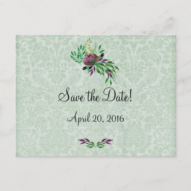 Minze Green Damask Save the Date Postkarte (Vorderseite)