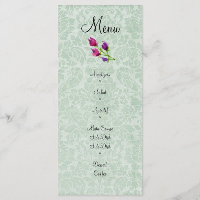Minze Green Damask Wedelmenü Rack Card 4" x 9" Menükarte (Vorderseite)