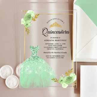 Minze Green Floral Sparkle Dress Gold Quinceanera Acryleinladungen