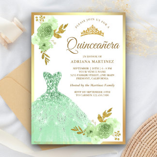 Minze Green Floral Sparkle Dress Gold Quinceanera Einladung