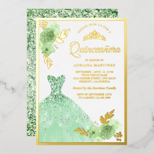 Minze Green Floral Sparkle Dress Quinceanera Gold Folieneinladung