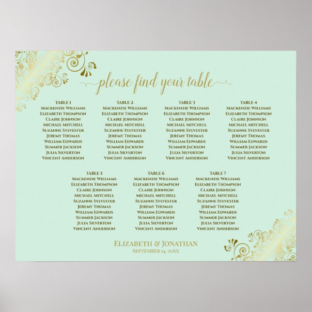 Minze Green & Gold 7 Table Wedding Chart Poster (Vorne)