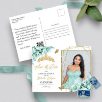 Minze Green & Gold Tiara Quinceañera Foto Postkart