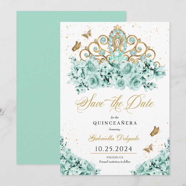 Minze Green & Gold Tiara Save the Date Quinceañera Einladung (Vorne/Hinten)